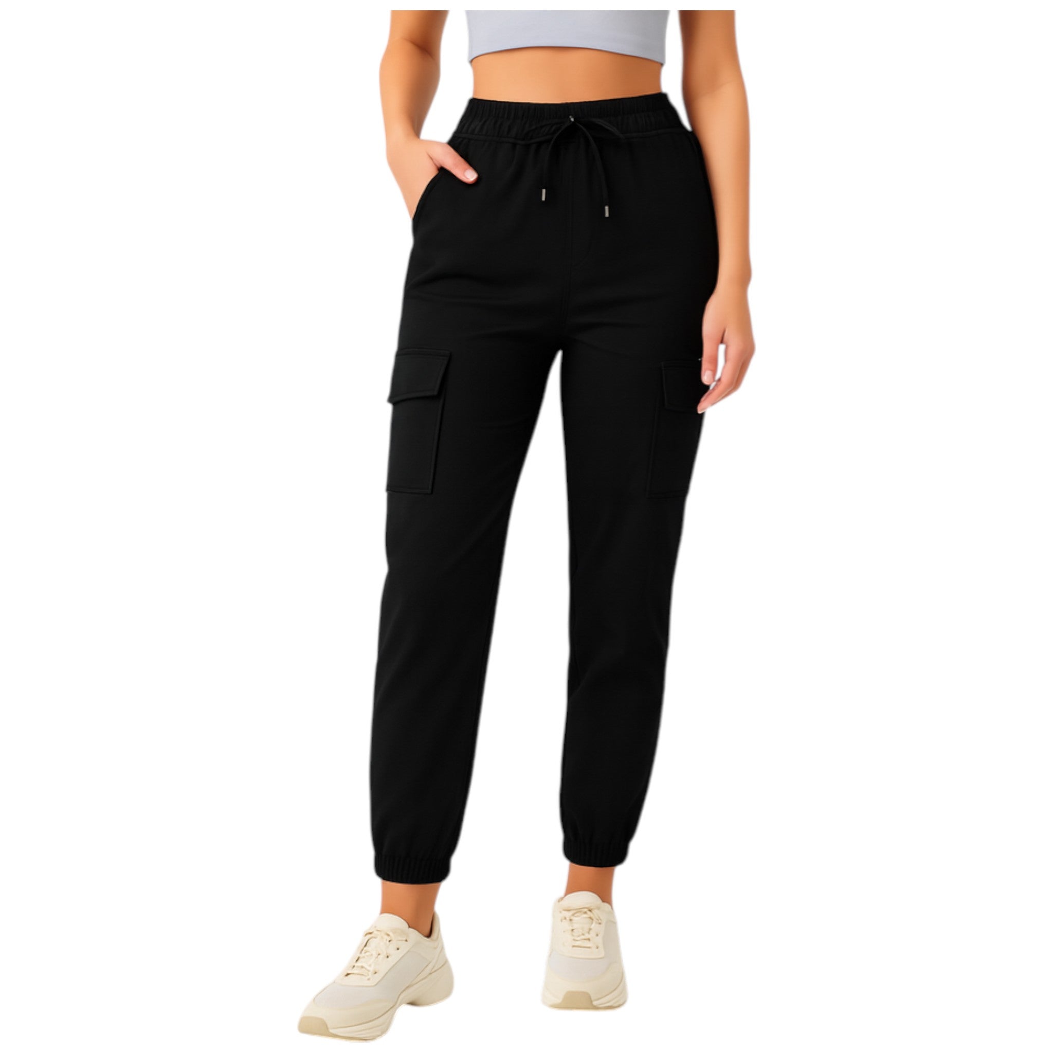 Ladies high quality stretch cargo trousers in black with elastic waistband, drawstring tie, and side pockets